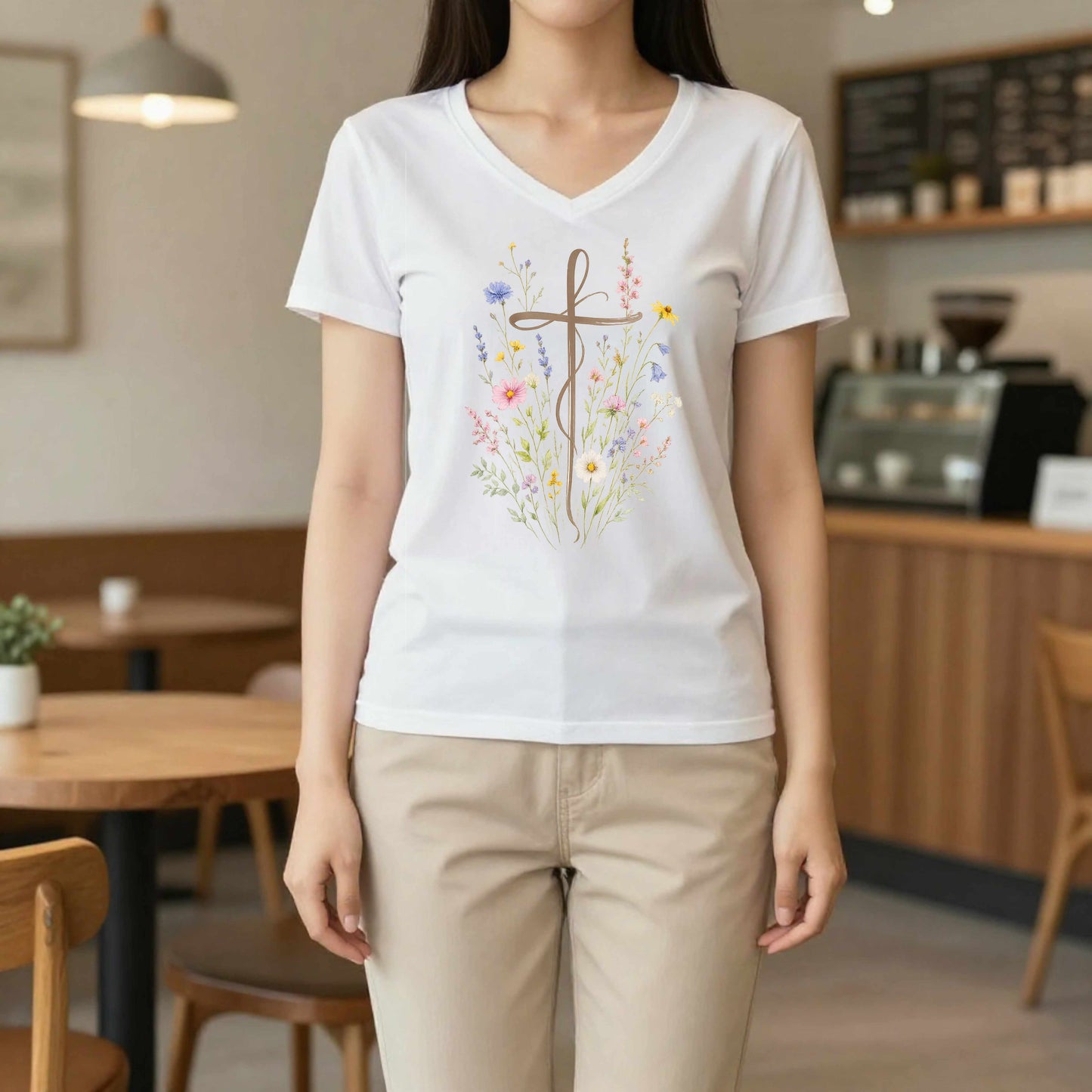Faith in Bloom Cross V-Neck T-Shirt